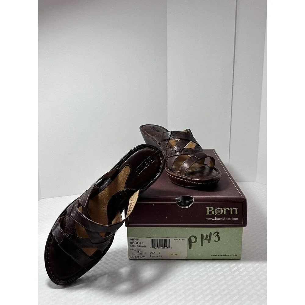 Born Womens Brown‎ Leather Wedge Sandals Shoes W6309 US Size 9 M/W EUR 40.5